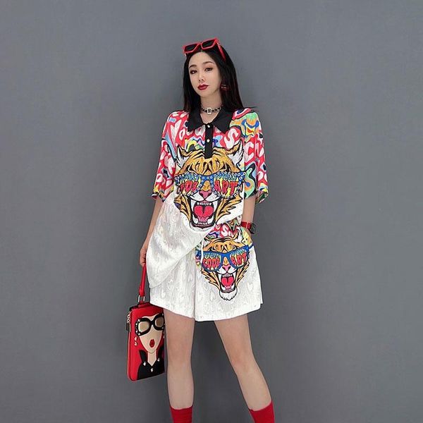 

dress women summer diamond tiger pattern 2 piece set loose rhinestons short sleeve t shirt and elastic waist shorts for women, White