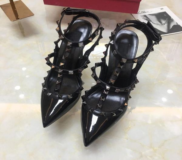 

original logo women studded strappy dress shoes designer pointed toe 2strap with studs high heels leather rivets sandals size 359201048, Black