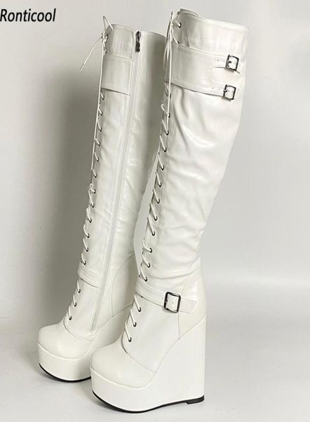 

rontic handmade women winter knee boots buckle full side zipper wedges heels round toe pretty white shoes plus us size 5202467275, Black