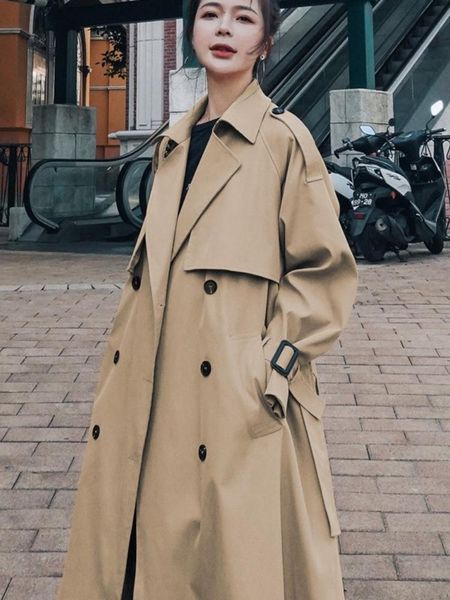 

raincoats french temperament autumn fashion design retro corset waist loose retro double breasted trench coat for women office lady, Black