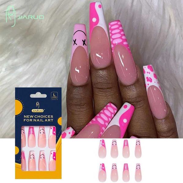 

false nails 24pcs pink smile milk cow finished fake tai chi nail tips wearing manicure removable press on nails yinyang fake nail j230419, Red;gold