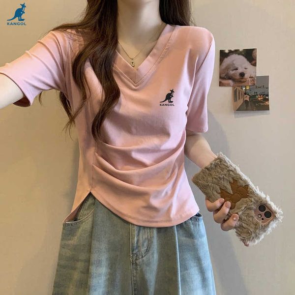 

women's t-shirt kangol brand women's wear front shoulder pleated vneck short sleeve tshirt women's underlay shirt summer slim, White