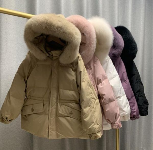 

parkas down t5jacket women's winter style korean style small midlength fox large fur collar hooded waist loose coat, Black