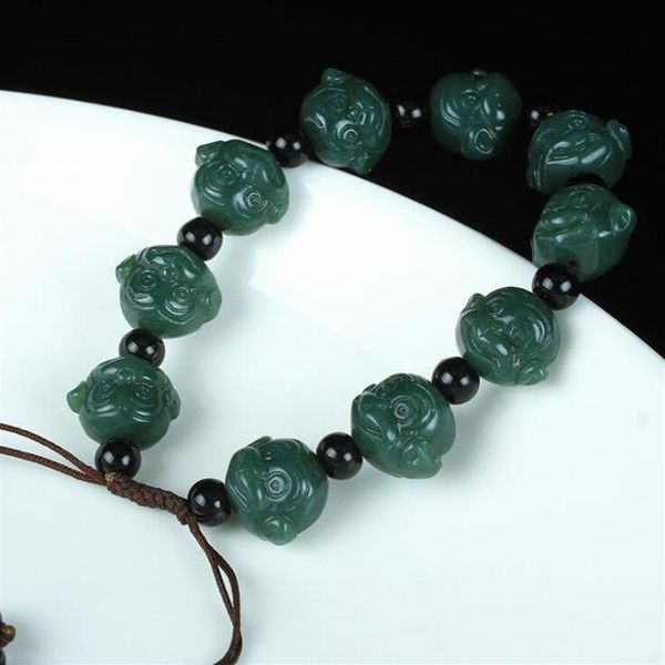 

beaded strands natural xinjiang hetian yu chinese zodiac monkey head hand stone lucky stretch elastic bracelet fashion jewelry 289f, Black