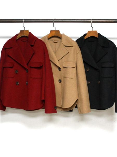 

fur 2022 autumn and winter new solid color doublebreasted casual wool short coat pocket women casual longsleeved coat, Black