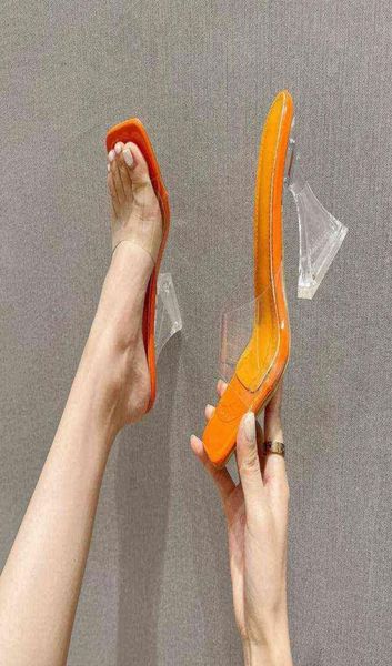 

2021 new transparent high heels woman shoes square peep toe slippers pumps women mules lady slipper shoe slides g2205165809340, Black