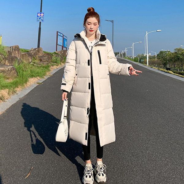 

leather korean style thickened overtheknee long padded jacket, Black
