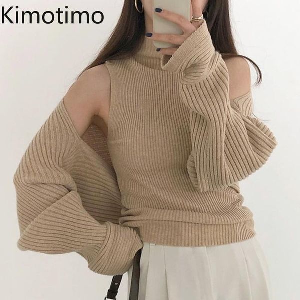 

dress kimotimo women two piece sets korean autumn turtleneck slim bottoming knitted vests + batwing sleeve sweater shawl cardigan ins, White
