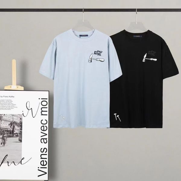 

new summer 2023, work pattern embroidery round-necked short-sleeved t-shirt handsome trend men and women half of the same section of the lov, White;black