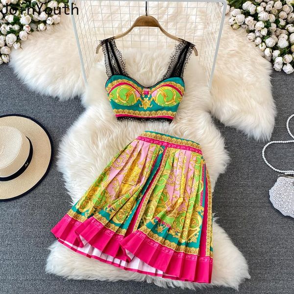 

dress beach style fashion skirt suit temperament 2 piece set women vneck lace crop high waist pleated skirts sets print outfits, White