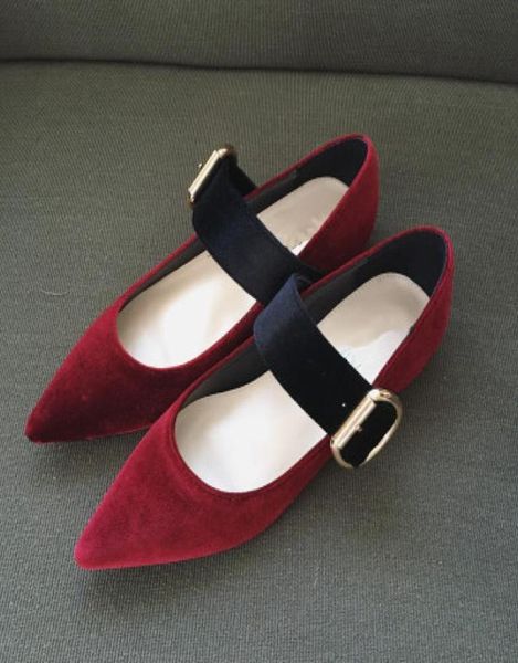 

u712 velvet genuine leather belt pointy flats shoes burgundy black brown fashion p4921597