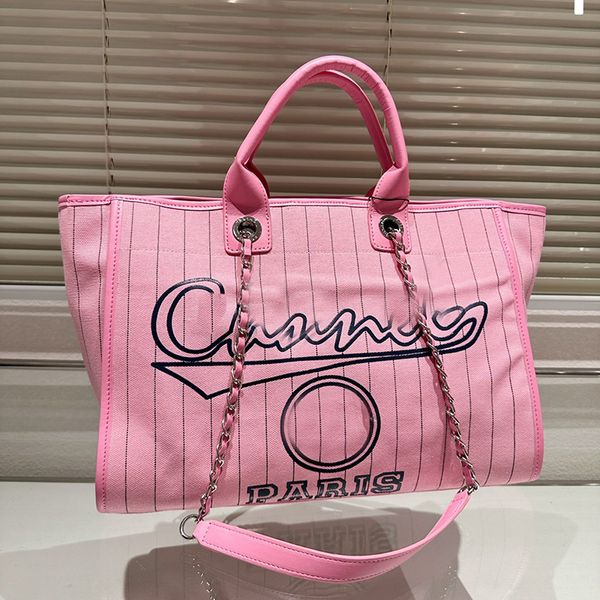 

womens embroidered beach strap shopping bags canvas deauville chain handle totes silver metal hardware matelasse chain crossbody shoulder ha
