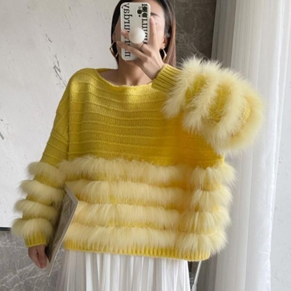 

fur zdfurs*2022 autumn and winter new batwing sleeve stitching fox fur woven sweater short fur pullover elegant socialite women, Black