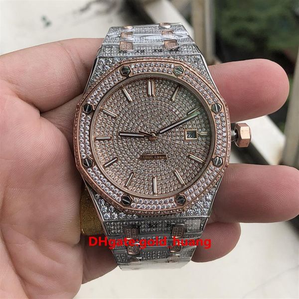 

42mm full diamonds hip hop wristwatch ice diamond watch two tone silver rose gold stainless steel case automatic watch271k, Slivery;brown