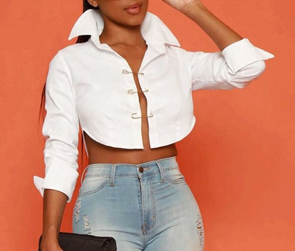 

ming elegant 2023 women y2k turn down collar long sleeve crop vintage streetwear t shirts blouse, White