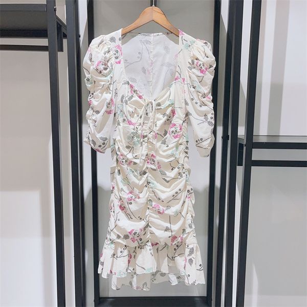 

casual dresses women dress spring and summer women printed square collar pleated waist slim fishtail dress 230420, Black;gray