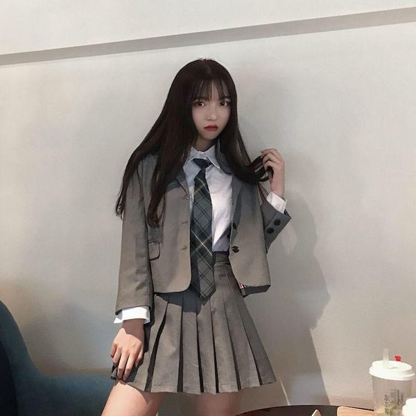 

dress girl suit korea chic retro college style tie shirt blazer + pleated skirt women suits, White