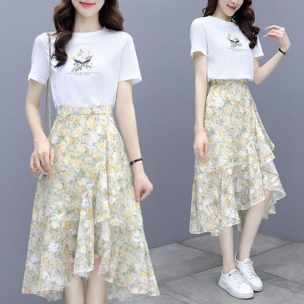 

dress summer two piece skirts sets women 2022 tshirt skirts suit sets high waist floral print skirt suit fashion 2 piece sets e83, White