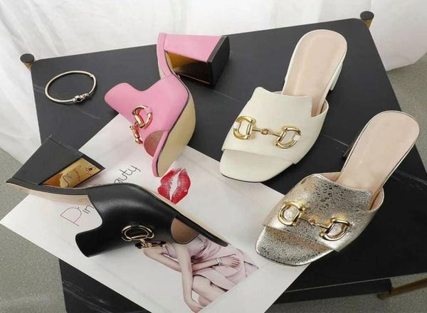 

2021 summer beach slipper fashion 100 leather metal buckle women shoes cowhide white black thick heel sandals lady half high heel5548241