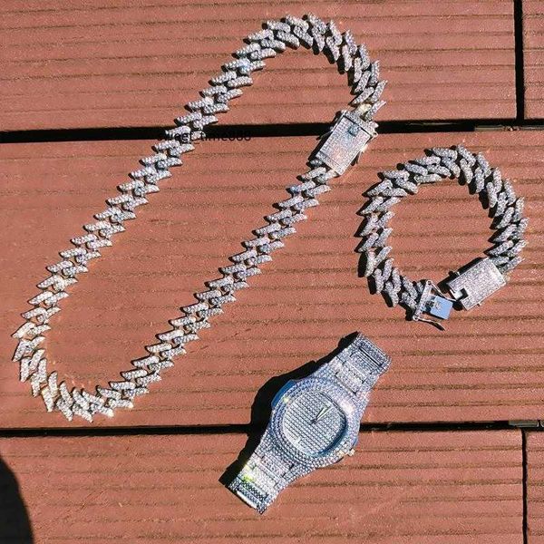 

chains 3pcs kit hip hop iced out full bling rhinestone men's thorns prong cuban link necklace watch bracelet for men women jewelrychain, Silver