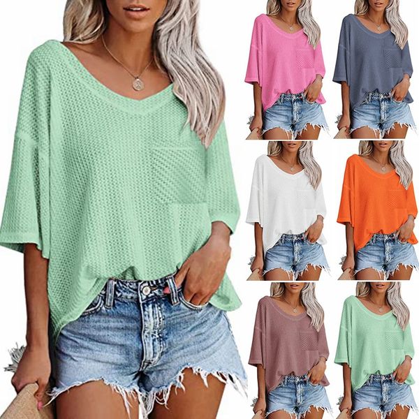 

2023 women's t-shirt summer european and american women's new v-neck pocket waffle casual short-sleeved t-shirt girls trip t shirt, White