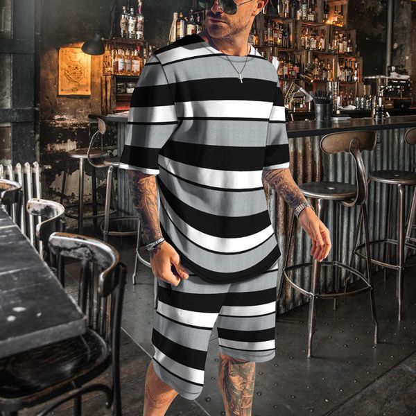 

mens tracksuits vintage casual clothes outfits for men print striped loose t shirt suit oversized o neck summer tracksuit streetwear mens se, Gray