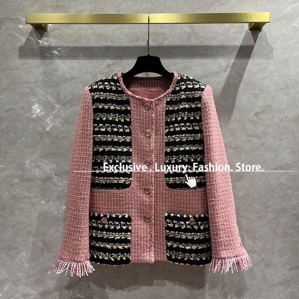 

fur version luxury brand runway clothes coats and jackets women coat wool tweed tassel design woman jacket with silk lining sl, Black