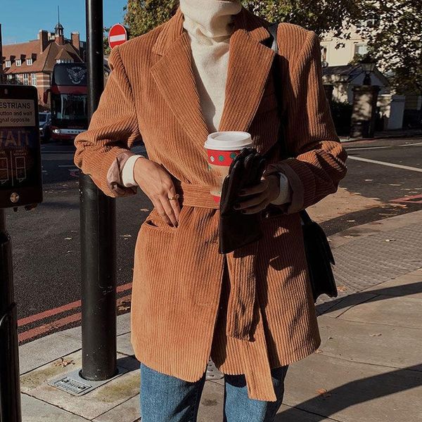 

pants belt blazers coat autumn brown thick warm overcoat women tide korean streetwear autumn long vintage corduroy jacket, White