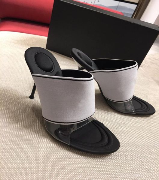 

2021 summer fashion designer women039s highheeled slippers transparent material and knitted fabric combined with temperam2496459, Black
