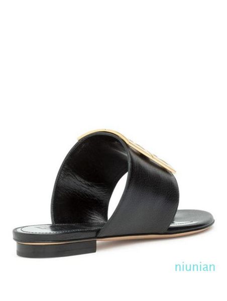 

black leather 4g flat sandals slippers with brass metal buckle detail sole height 9cm5665693
