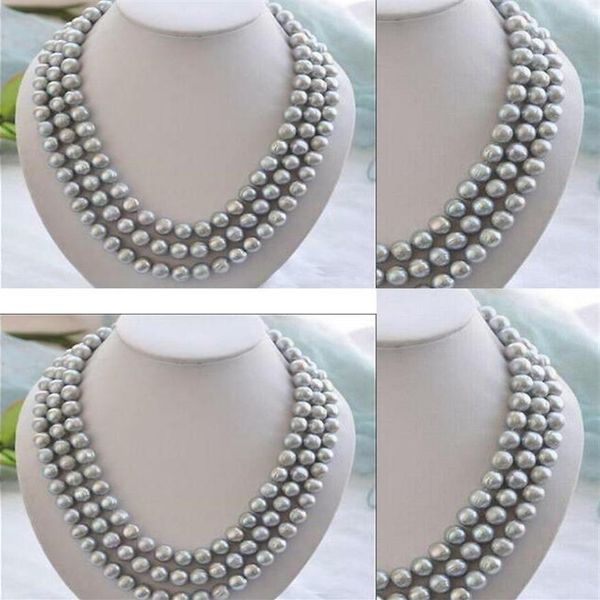 

fine pearls jewelry triple strands 7-8mmsouth sea round silver grey pearl necklace 18 19 20 sweater c325f