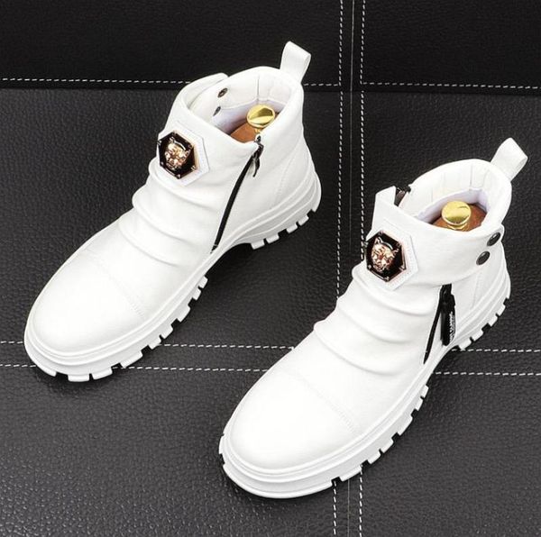 

men fashion casual shoes ankle boots spring autumn punk style rivets trend male leather high hip hop sneakers white green foot4873487, Black