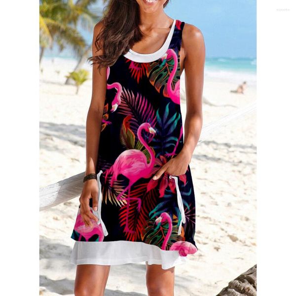 

casual dresses flamingo women print dress midi bohemian strap beach fashion evening party elegant sleeveless sundress boho, Black;gray