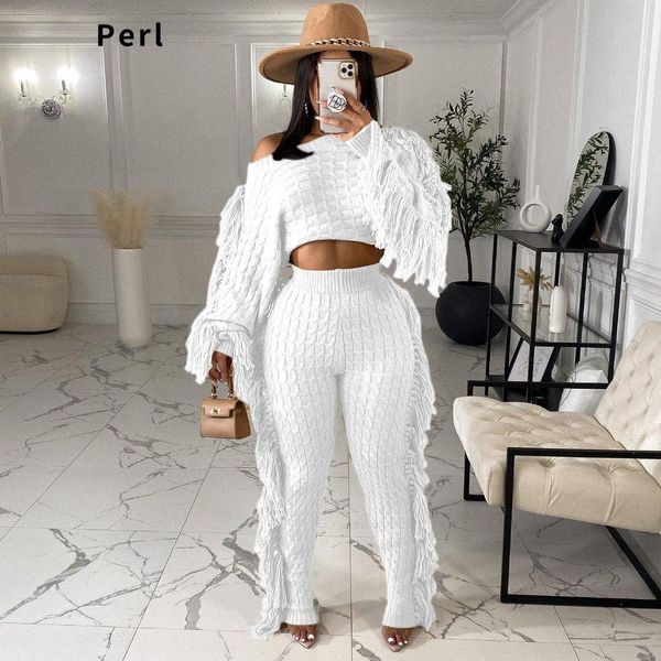 

pants perl womens two piece knitted tassel sweaters long sleeve cropped and pants loungewear sets casual autumn outfit 2022, White