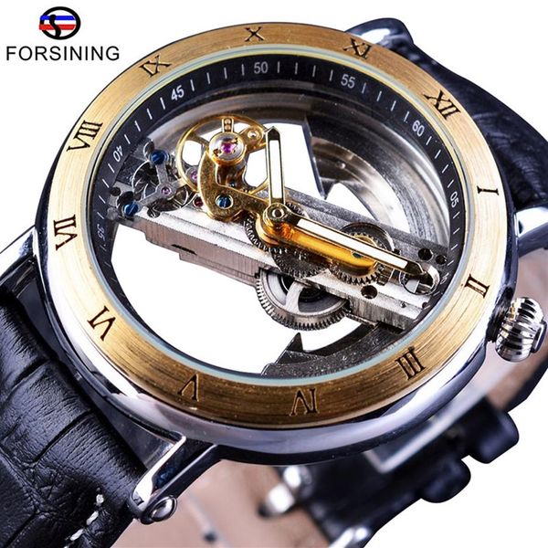 

forsining luxury steampunk men skeleton watch gift waterproof automatic wristwatch minimalism leather strap transparent watch slze231p, Slivery;brown