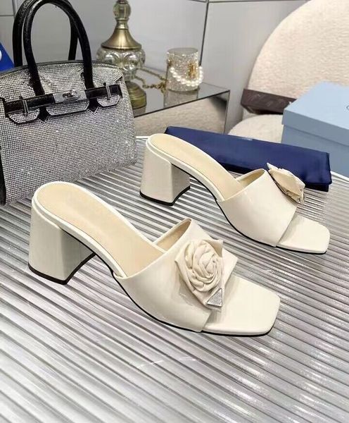 

summer brand ciabatte rose sandals shoes women enameled triangle logo mules square toe kitten-heel beach slippers elegant walking eu35-43, Black