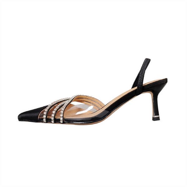 

sandals crystal chain women's low heel transparent shoes summer pointed toe women pumps office lady slingback luxury 230406, Black