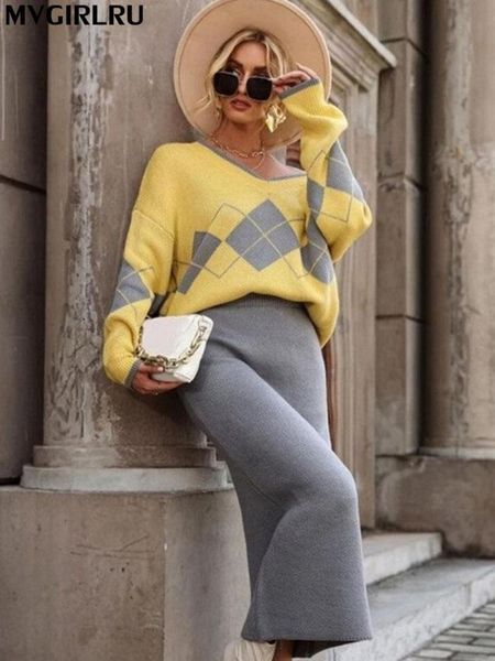 

dress mvgirlru autumn winter women's knitting vneck diamond color matching pullover sweater + knitted long skirt suits 2piece sets, White