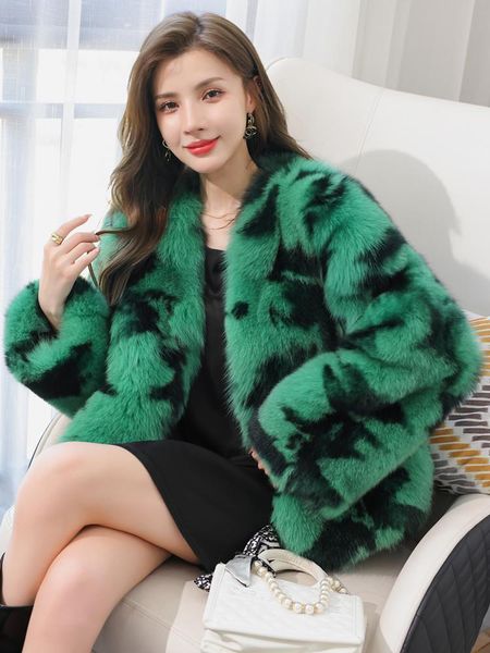 

fur contrast color leopard print fox fur coat female temperament socialite highgrade plush coat 2022 new winter coat women, Black
