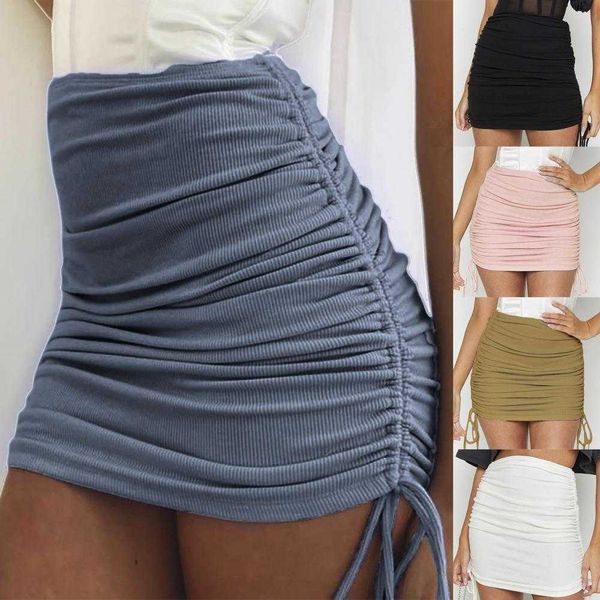 

s women elastic mini summer solid color drstring ruched knitting thread side harajuku slim lady bodycon skirt aa230420, Black