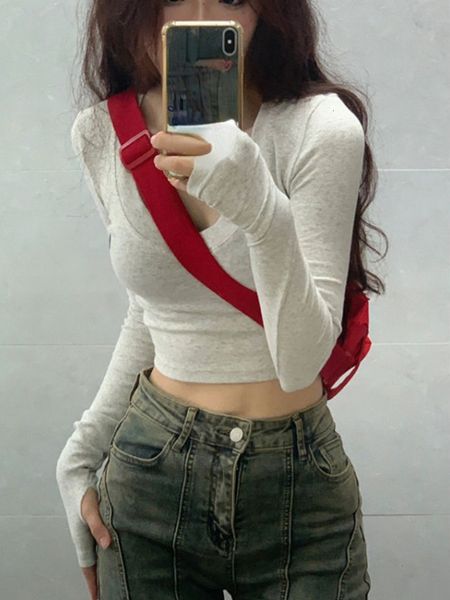 

women's t-shirt y2k aesthetic v neck elegant long sleeve crop autumn slim basic all match solid harajuku embroidery t-shirts 230419, White