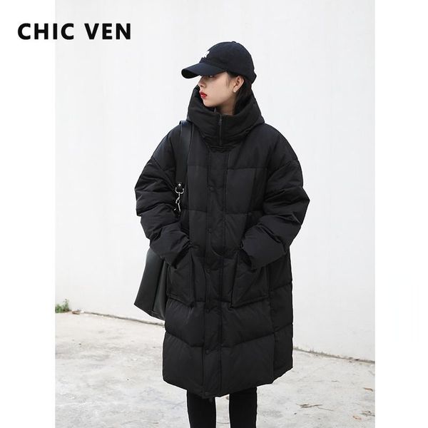 

parkas chic ven korean style women's long down coat thick warm 90 white duck down jacket winter fashion puffer coat for women parka top, Black