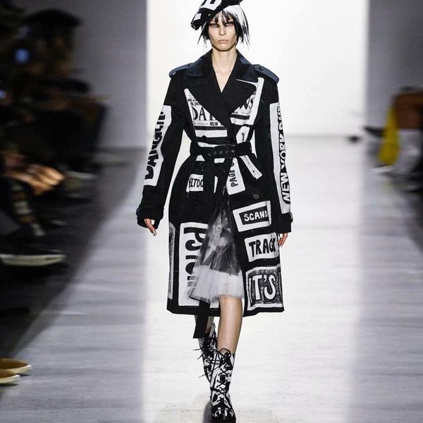 

raincoats s3xl brand printing letter pattern loose version double breasted belt long sleeve women windbreaker jacket, Black