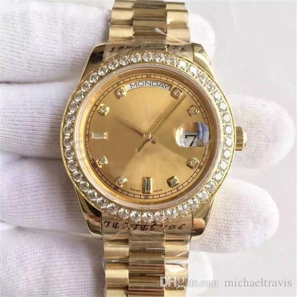 

men's watch date-218348a series 18k gold dial diamond inlay automatic mechanical watch president strap original folding buckl2960, Slivery;brown