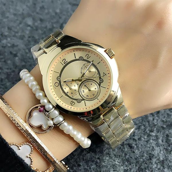 

fashion m design brand women's girl 3 dials style metal steel band quartz watch m69285j, Slivery;brown