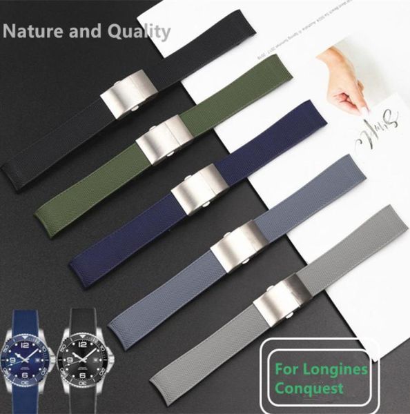 

21mm soft rubber silicone watch strap black blue gray green folding buckle watch band suitable for conquest watchband5196209, Black;brown