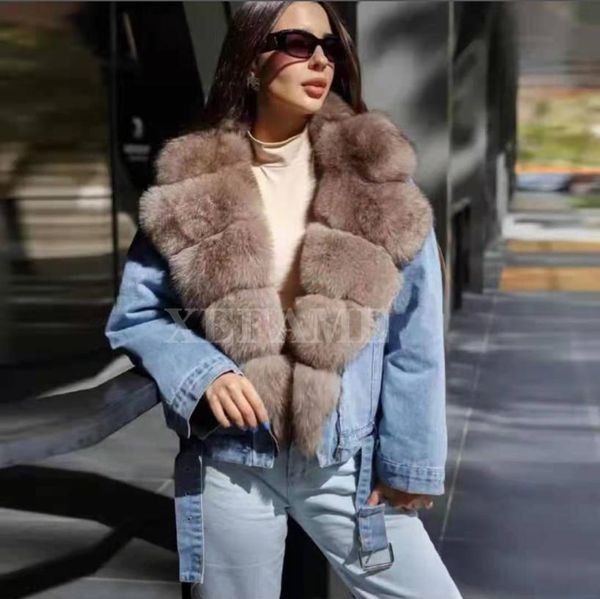 

fur 2022 winter ladies denim fur jacket real fox fur denim jacket fashion casual, Black