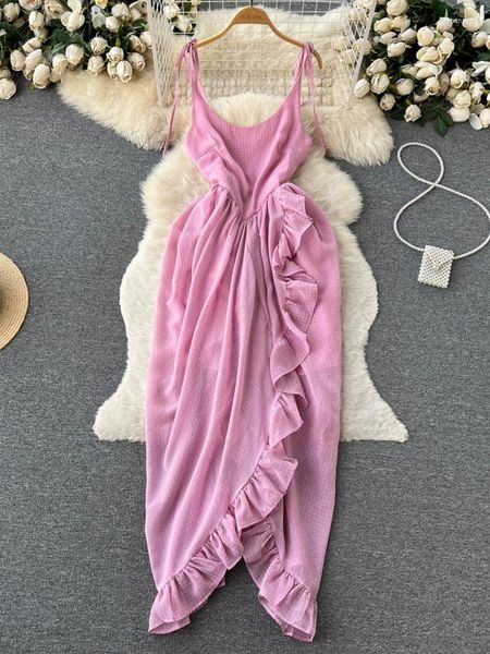 

casual dresses foamlina summer women long dress lace-up spaghetti strap sleeveless backless ruffles irregular party holidays maxi, Black;gray