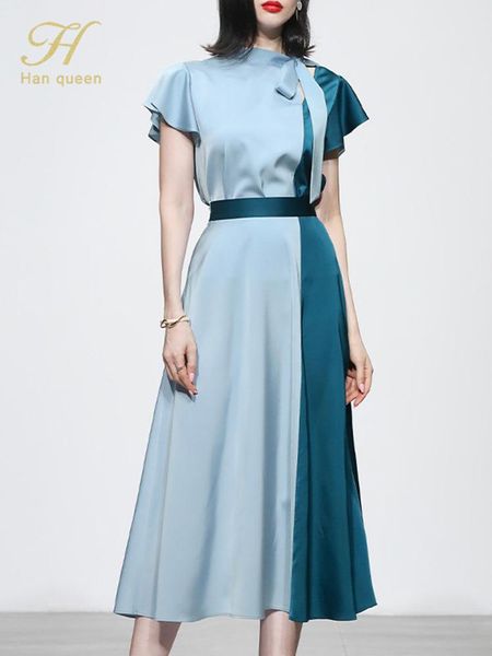 

pants h han queen contrast satin 2 pieces set women summer laceup shirts blouses and high waist aline midi skirts office lady suit, White