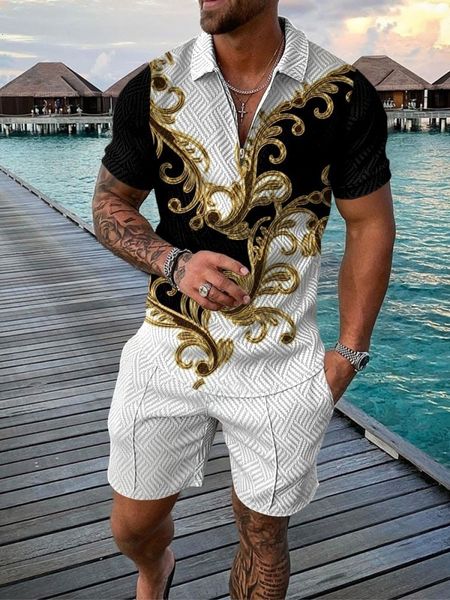 

mens tracksuits summer fashion mens sportswear suit printed polo shirt suit mens slim tshirt jogging zipper sportswear twopiece set 230419, Gray